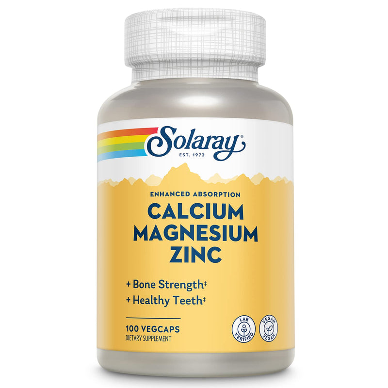 [Australia] - Solaray Calcium Magnesium Zinc Supplement, with Cal & Mag Citrate, Strong Bones & Teeth Support, Easy to Swallow Capsules, Vegan, 60 Day Money Back Guarantee, 25 Servings, 100 VegCaps 100 Count (Pack of 1) 