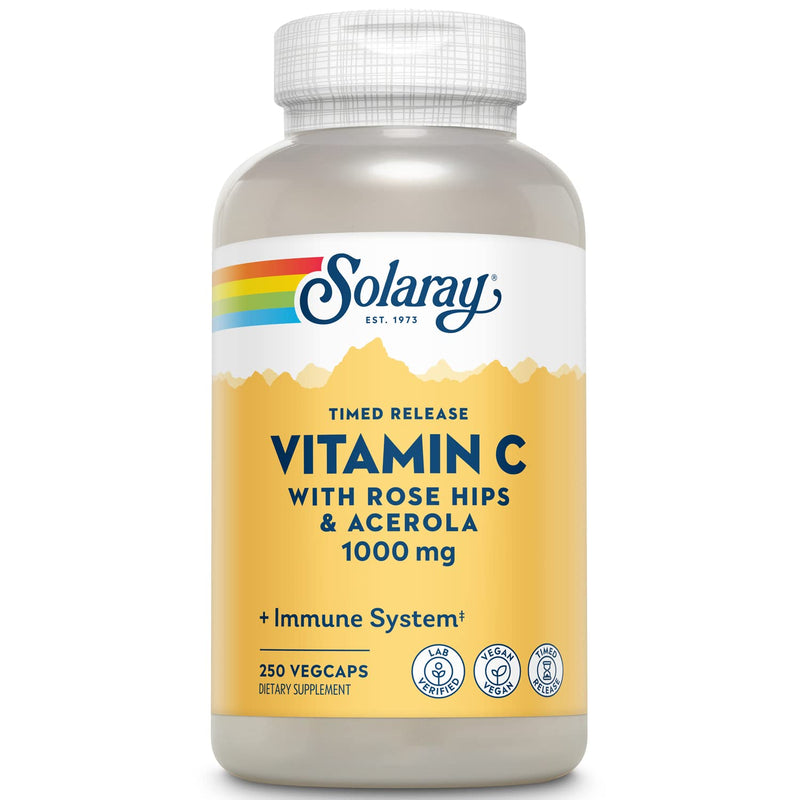 [Australia] - Solaray Vitamin C 1000mg Timed Release Capsules with Rose Hips & Acerola Bioflavonoids, Two-Stage for High Absorption & All Day Immune Function Support, 60 Day Guarantee, 250 Servings, 250 VegCaps 250 Count (Pack of 1) 