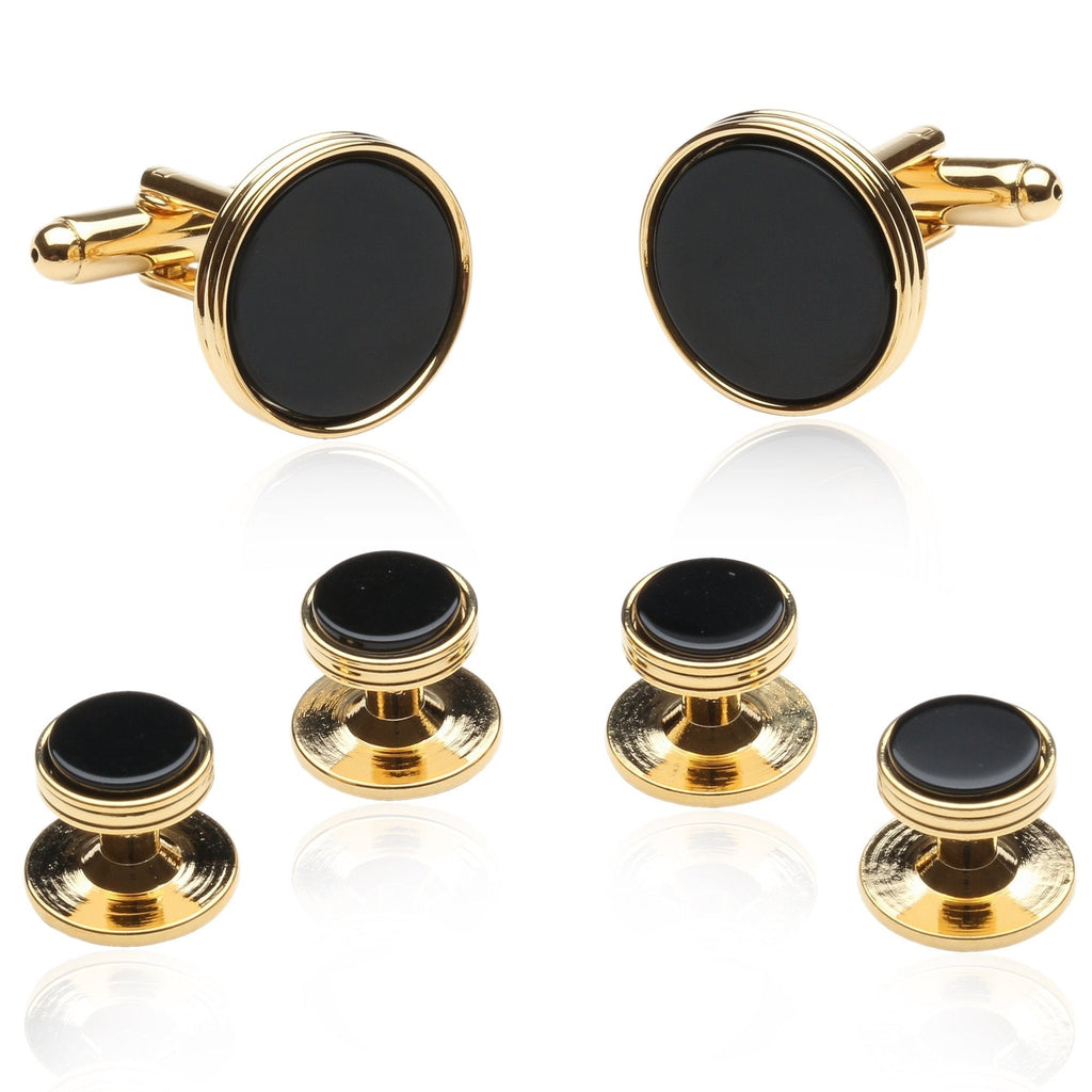 [Australia] - Cuff-Daddy Black Onyx and Gold Tone Cufflinks and Studs with Presentation Box 