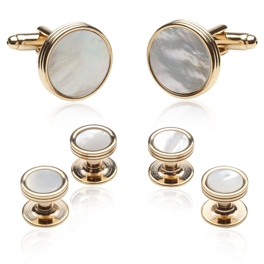 [Australia] - Cuff-Daddy Mother of Pearl and Gold Tuxedo Cufflinks and Studs Formal Set with Gift Box 