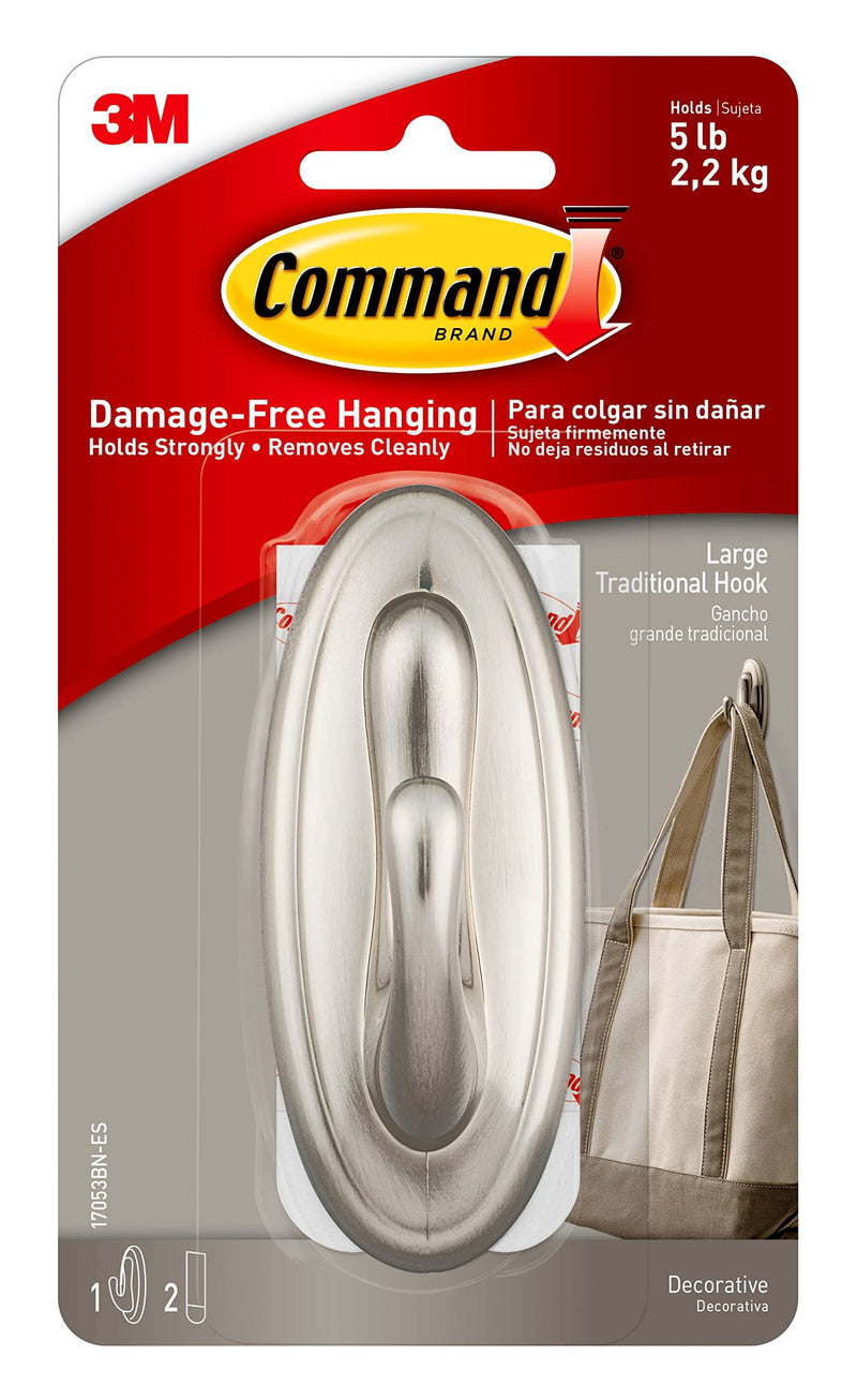 [Australia] - Command Large Traditional Plastic Hook, Brushed Nickel, 1-Hook, 2-Strips, Organize Damage-Free 1 Hook 