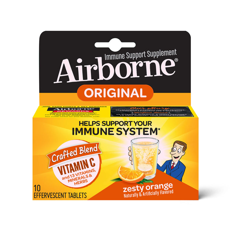 [Australia] - Airborne Vitamin C 1000mg (per serving) - Zesty Orange Effervescent Tablets (10 count in a box), Gluten-Free Immune Support Supplement, With Vitamins A C E, ZINC, Selenium, Echinacea & Ginger 10 Count (Pack of 1) 