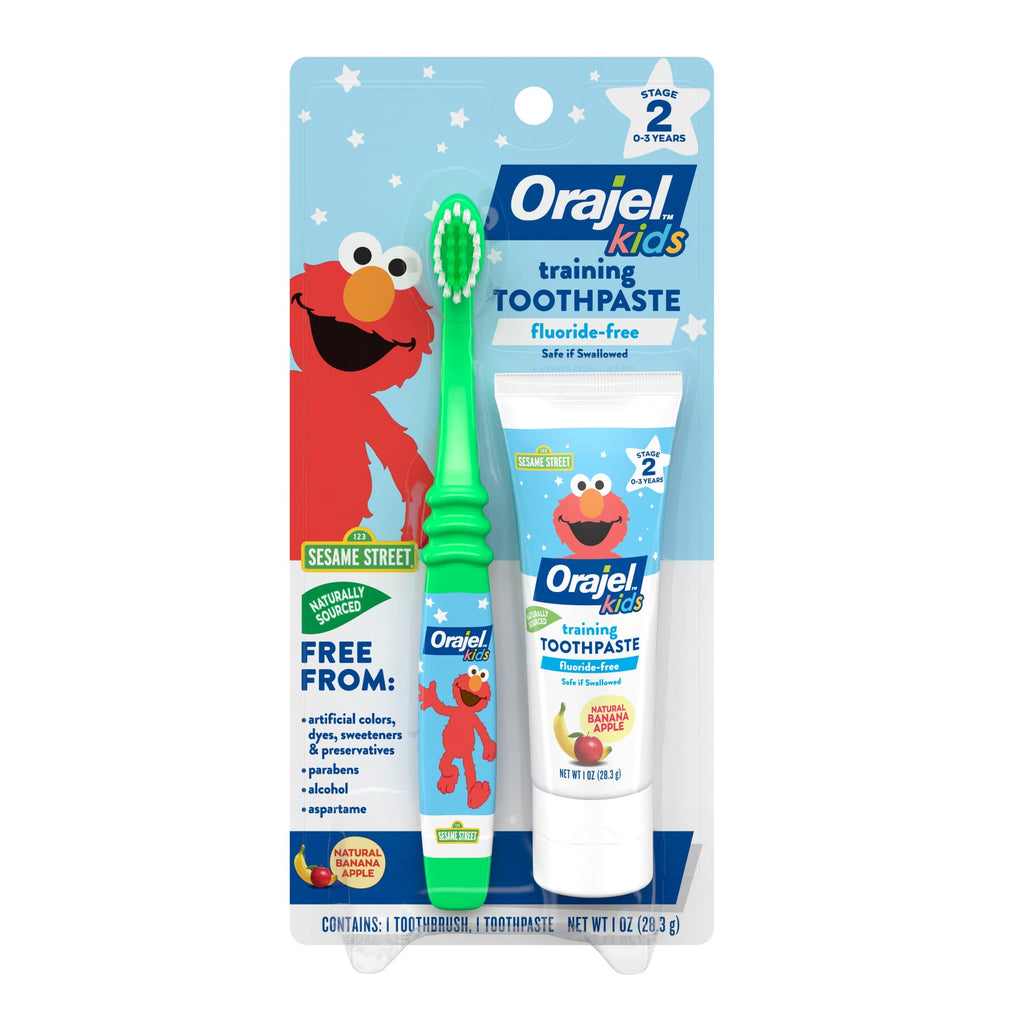 [Australia] - Orajel Elmo Fluoride-Free Tooth & Gum Cleanser with Toothbrush, Combo Pack, Banana Apple Flavored Non-Fluoride, 1 oz. 