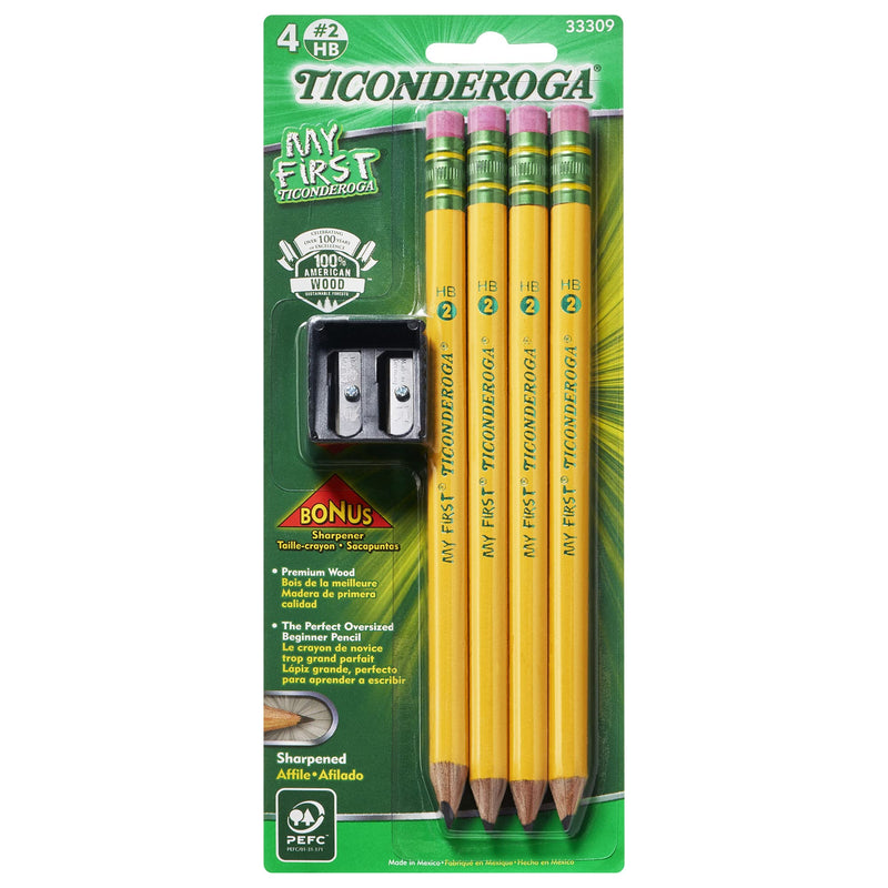 [Australia] - TICONDEROGA My First Pencils, Wood-Cased #2 HB Soft, Pre-Sharpened with Eraser, Includes Bonus Sharpener, Yellow, 4-Pack (33309) 4 Count w/ Sharpener 