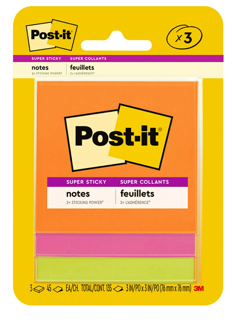 [Australia] - Post-it Super Sticky Notes, 3x3 in, 3 Pads, 2x the Sticking Power, Bright Colors (Orange, Pink, Green), Recyclable (3321-SSAU) 