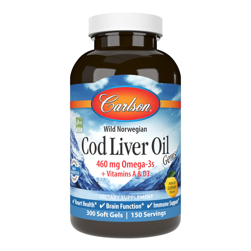 [Australia] - Carlson - Cod Liver Oil, 460 mg Omega-3s + Vitamins A & D3, Wild-Caught Norwegian Arctic Cod-Liver Oil, Sustainably Sourced Nordic Fish Oil Capsules, Lemon, 300 Softgels 300 Count (Pack of 1) 