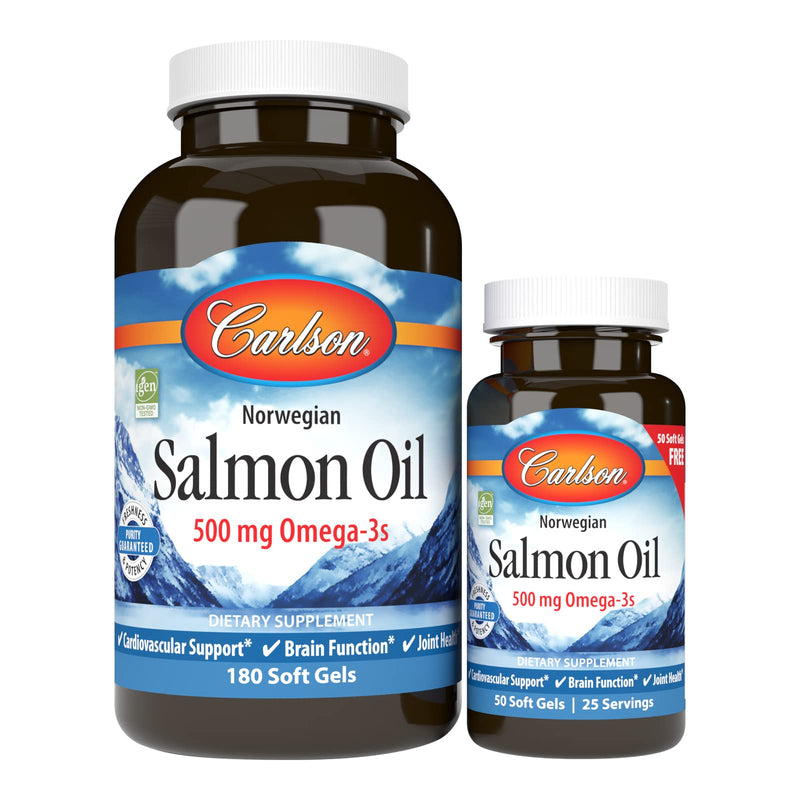 [Australia] - Carlson - Norwegian Salmon Oil, 500 mg Omega-3s, Norwegian Salmon Oil Supplement, Wild Caught Omega 3 Salmon Oil Capsules, Sustainably Sourced, Brain, Heart & Joint Health, 180+50 Softgels 230 Count (Pack of 1) 