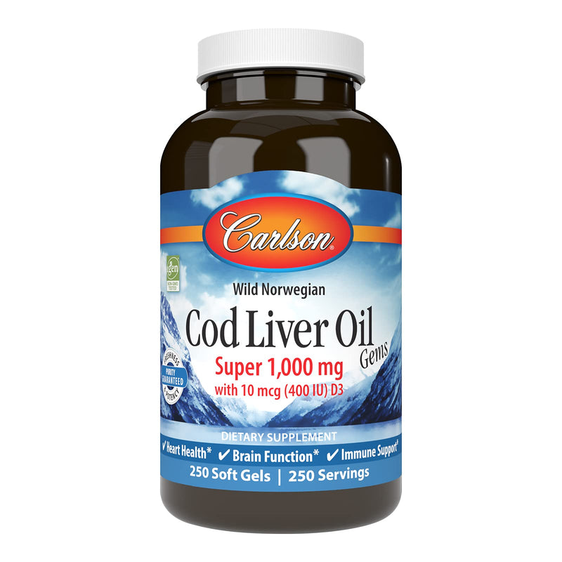 [Australia] - Carlson - Cod Liver Oil Gems, Super 1000 mg, 250 mg Omega-3s + Vitamins A & D3, Wild-Caught Norwegian Arctic Cod-Liver Oil, Sustainably Sourced Nordic Fish Oil Capsules, 250 Softgels 250 Count (Pack of 1) 