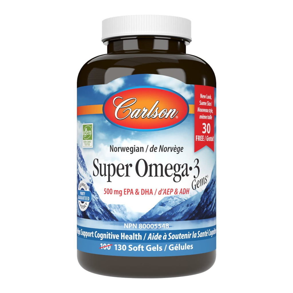 [Australia] - Carlson - Super Omega-3 Gems, 1200 mg Omega-3 Fatty Acids with EPA and DHA, Wild-Caught Norwegian Fish Oil Supplement, Sustainably Sourced Fish Oil Capsules, Omega 3 Supplements, 100+30 Softgels 130 Count (Pack of 1) 