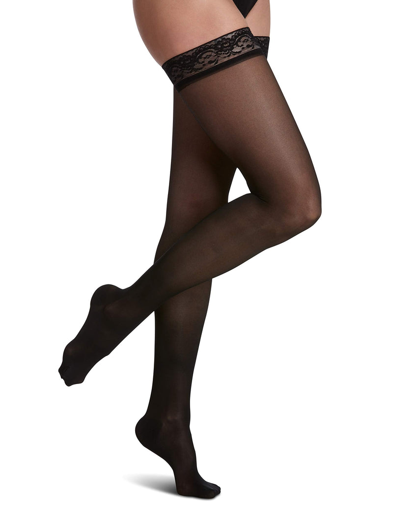 [Australia] - SIGVARIS Women's Sheer Fashion 120 Thigh High Compression Hose 15-20mmHg Black Thigh Size A 
