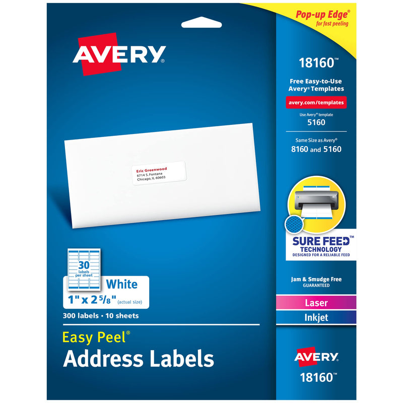 [Australia] - Avery Mailing Address Labels, Laser & Inkjet Printers, 300 Labels, 1 x 2-5/8, Permanent Adhesive (18160), White 