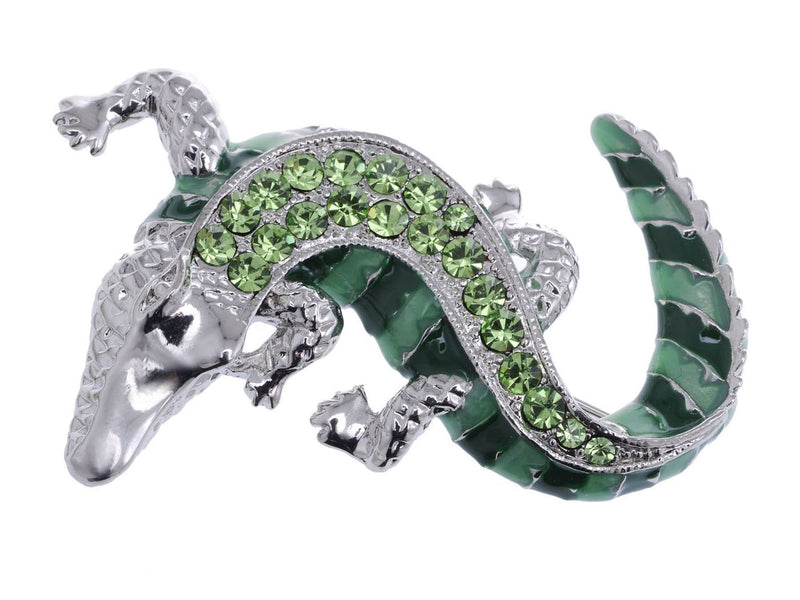 [Australia] - Alilang Green Silvery Tone Crawling Alligator Crocodile Reptile Body Brooch Pin 
