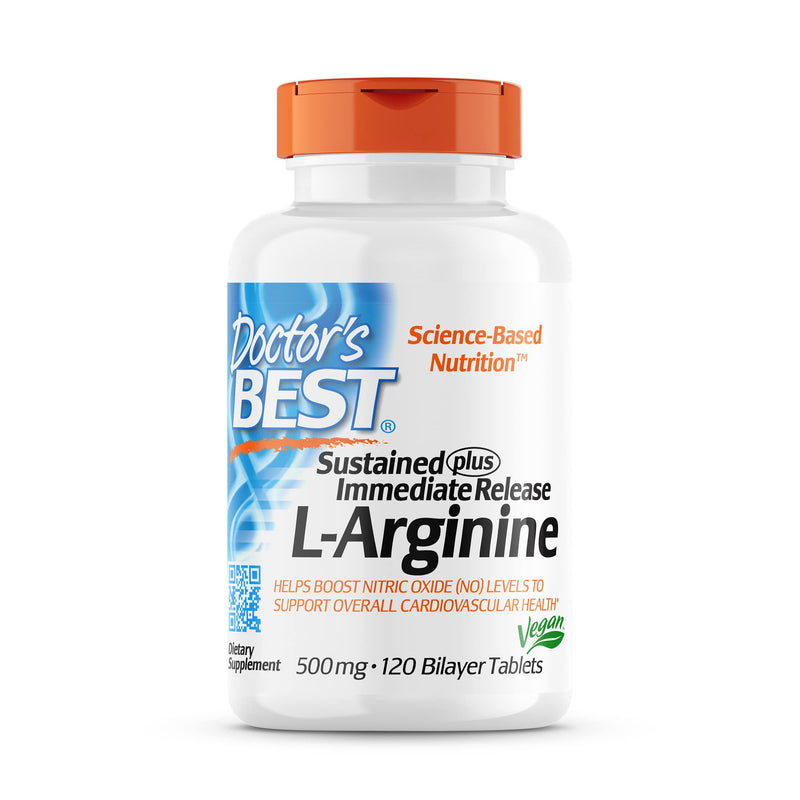 [Australia] - Doctor's Best Sustained Plus Immediate Release L-Arginine, Non-GMO, Vegan, Gluten & Soy Free, 500 mg, 120 Count 
