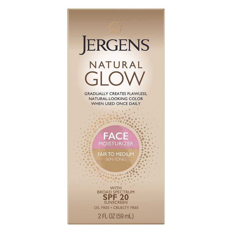 [Australia] - Jergens Natural Glow Self Tanner Face Moisturizer, SPF 20 Facial Sunscreen, Fair to Medium Skin Tone, Sunless Tanning, Oil Free, Broad Spectrum Protection UVA and UVB, 2 oz (Packaging May Vary) 
