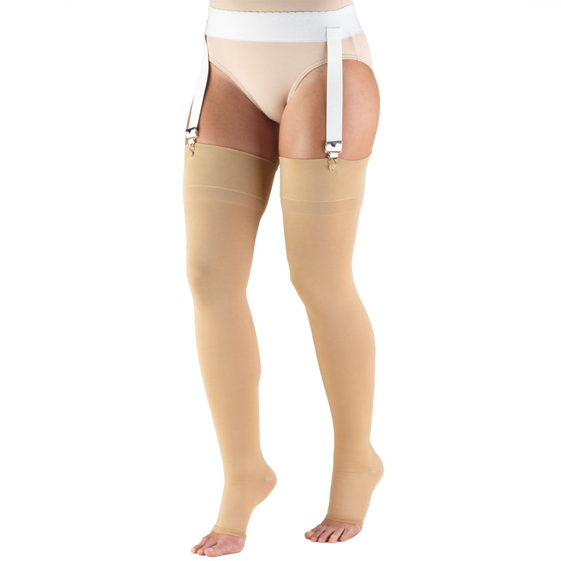 [Australia] - Truform 30-40 mmHg Compression Stockings for Men and Women, Thigh High Length, Open Toe, Beige, Medium 