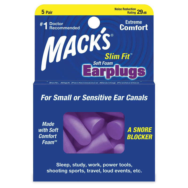 [Australia] - Mack's Slim Fit Soft Foam Earplugs, 5 Pair - Small Ear Plugs for Sleeping, Snoring, Traveling, Concerts, Shooting Sports & Power Tools 