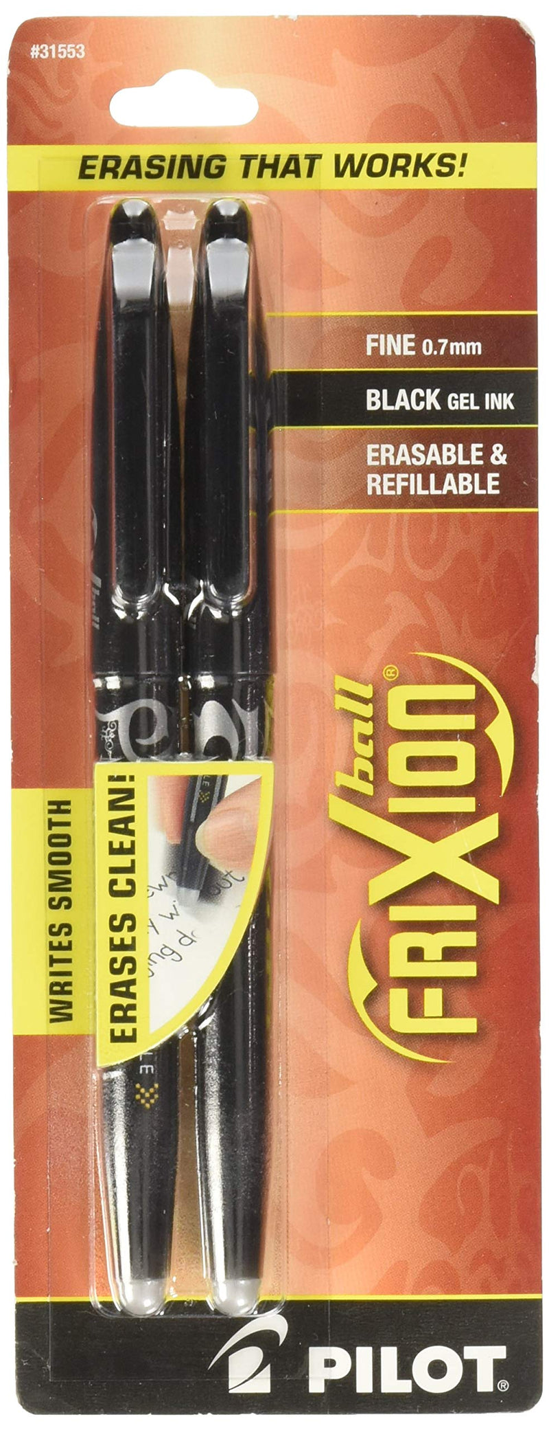 [Australia] - PILOT FriXion Ball Erasable & Refillable Gel Ink Stick Pens, Fine Point, Black Ink, 2-Pack (31553) 
