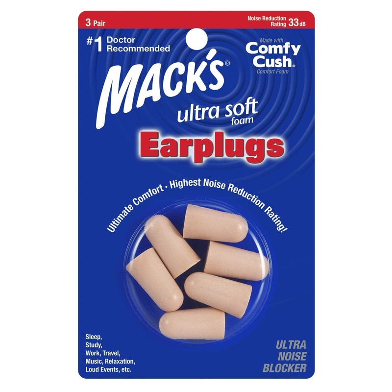 [Australia] - Mack's Ultra Soft Foam Earplugs, 3 Pair - 33dB Highest NRR, Comfortable Ear Plugs for Sleeping, Snoring, Travel, Concerts, Studying, Loud Noise, Work 
