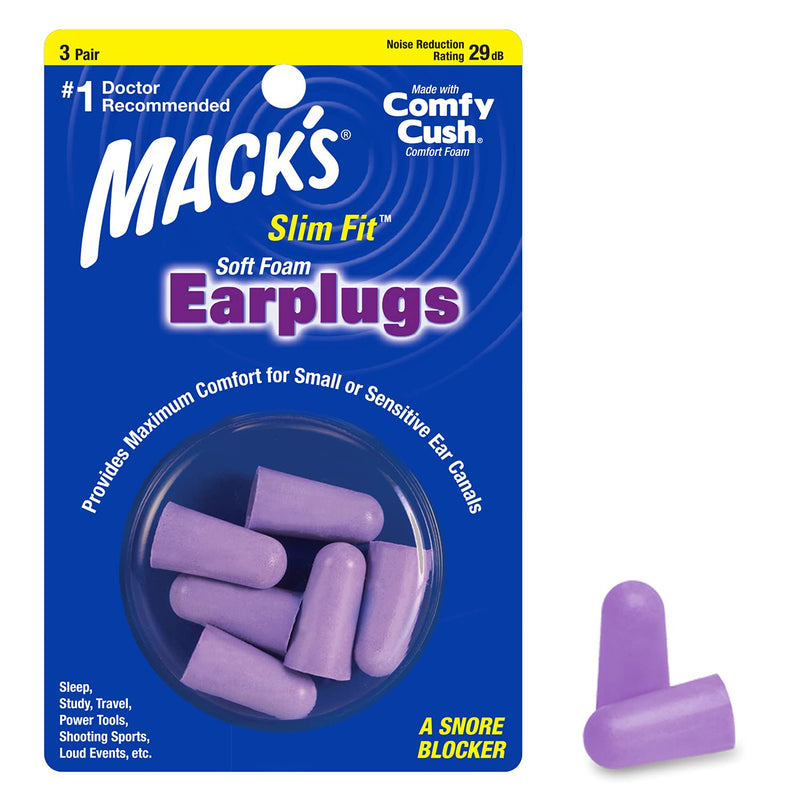 [Australia] - Mack's Slim Fit Soft Foam Earplugs, 3 Pair - Small Ear Plugs for Sleeping, Snoring, Traveling, Concerts, Shooting Sports & Power Tools 