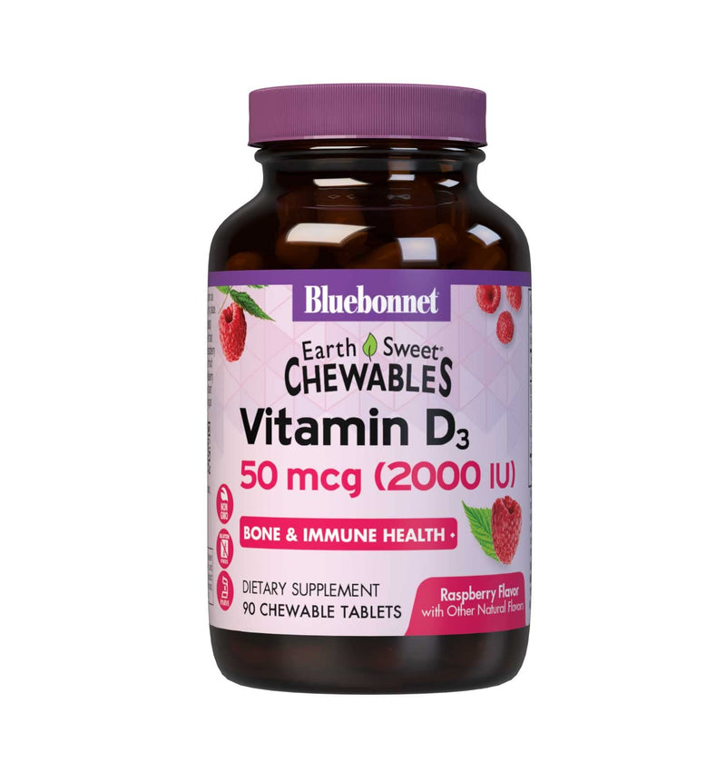 [Australia] - Bluebonnet Nutrition Earth Sweet Vitamin D3 2000 IU Chewable Tablets, Aids in Muscle and Skeletal Growth, D3, Non GMO, Gluten, Free, Soy Free, Milk Free, Kosher, 90 Chewable Tablets, Raspberry Flavor 
