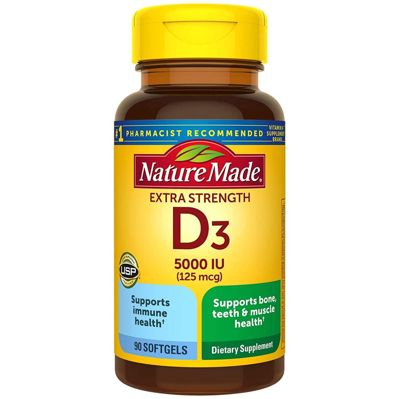 [Australia] - Nature Made Extra Strength Vitamin D3 5000 IU (125 mcg), Dietary Supplement for Immune Support, 90 Softgels, 90 Day Supply 90 Count (Pack of 1) 