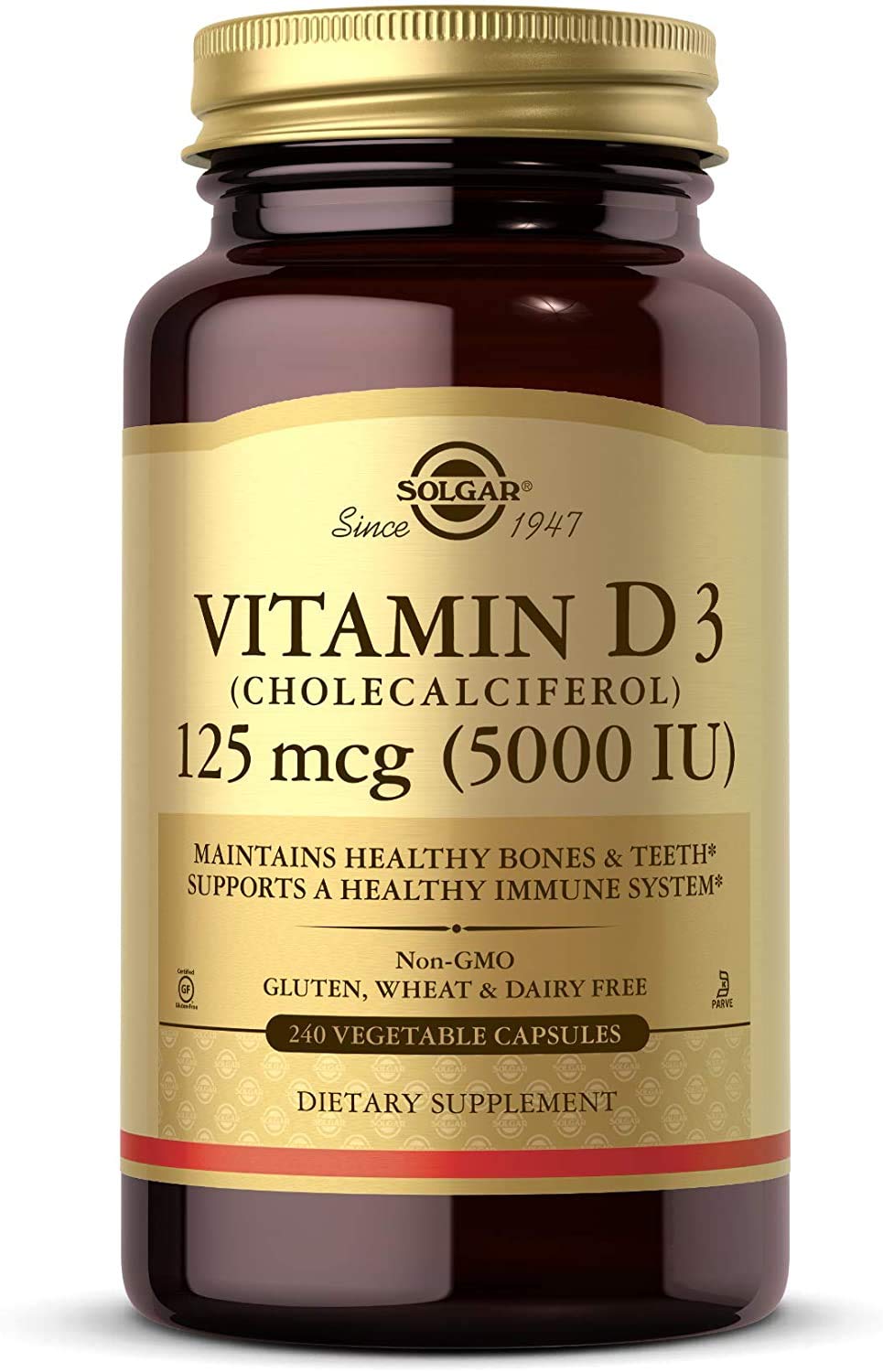 [Australia] - Solgar Vitamin D3 (Cholecalciferol) 125 mcg (5,000 IU) Vegetable Capsules - 240 Count 240 Count (Pack of 1) 