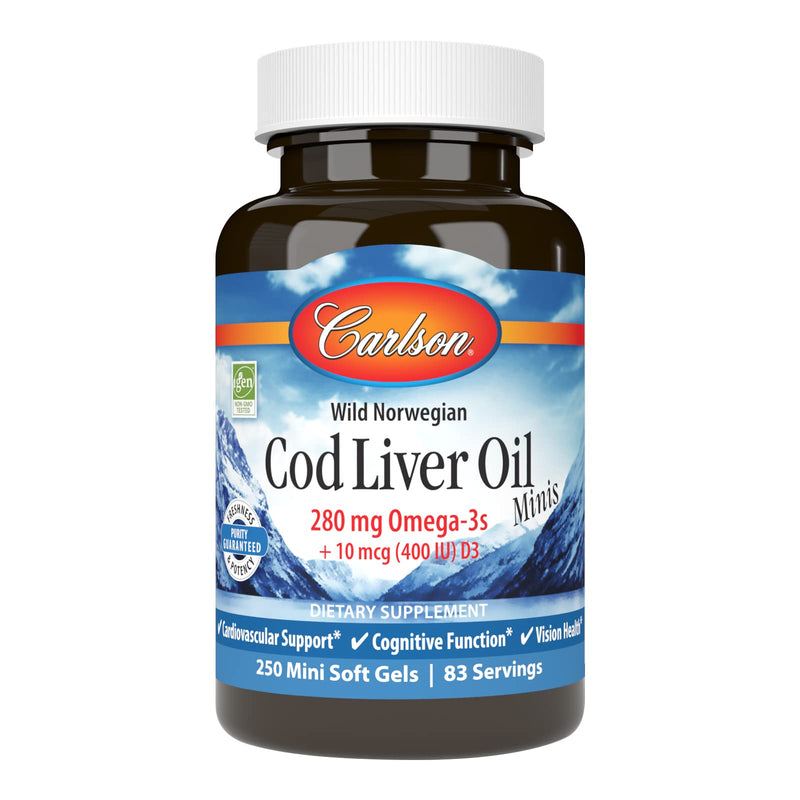 [Australia] - Carlson - Cod Liver Oil Minis, 280 mg Omega-3s + Vitamins A & D3, Heart Support & Cognitive Function, Vision Health, 250 Mini Soft Gels 250 Count (Pack of 1) 