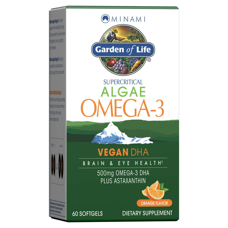 [Australia] - Garden of Life Minami Algae Omega 3 Vegan DHA for Brain and Eye Health - Orange Flavor, 500mg Plant Based DHA Omega-3 Vegan Algae Oil Plus Astaxanthin, No Aftertaste, 60 Easy-to-Swallow Mini Softgels 