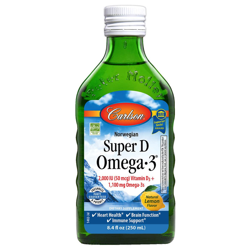 [Australia] - Carlson - Super D Omega-3, Wild-Caught Norwegian Arctic Cod Liver Oil, 2000 IU (50 mcg) Vitamin D3, 1100 mg Omega-3s, Sustainably Sourced Nordic Fish Oil Liquid, Lemon, 250 ml 8.4 Fl Oz (Pack of 1) Standard Packaging 