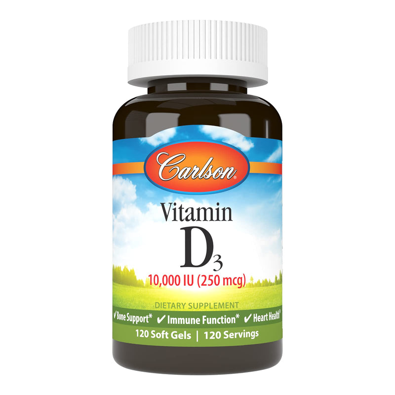[Australia] - Carlson - Vitamin D3, 10000 IU (250 mcg), Vitamin D Supplements, Bone & Immune Support, Vitamin D3 Softgels, Heart Health, Gluten Free Vitamin D Capsules, 120 Softgels 120 Count (Pack of 1) 