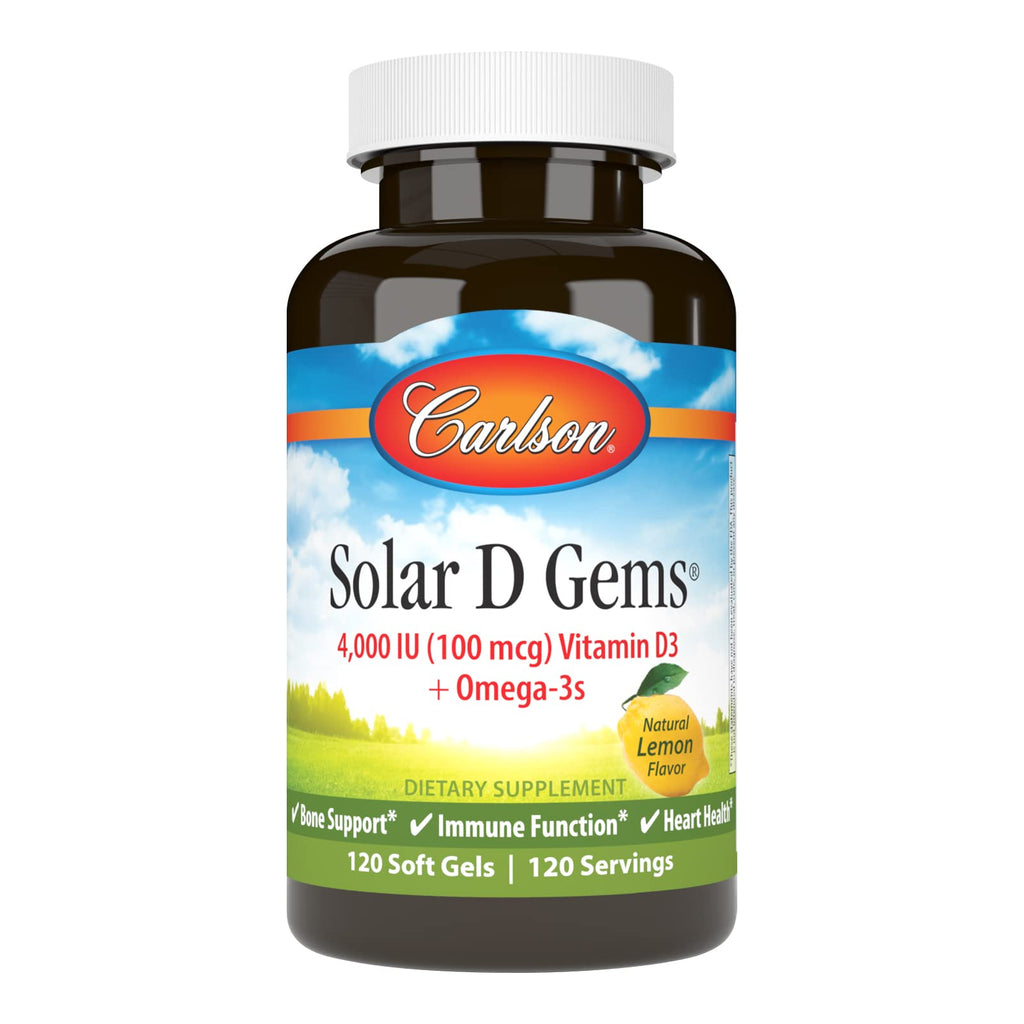 [Australia] - Carlson - Solar D Gems, Vitamin D3 and Omega-3 Supplement, 4000 IU (100 mcg) D3, 115 mg Omega-3 EPA and DHA, Vitamin D Fish Oil Capsule, Bone & Immune Health, Vitamin D Supplement, Lemon, 120 Softgels 