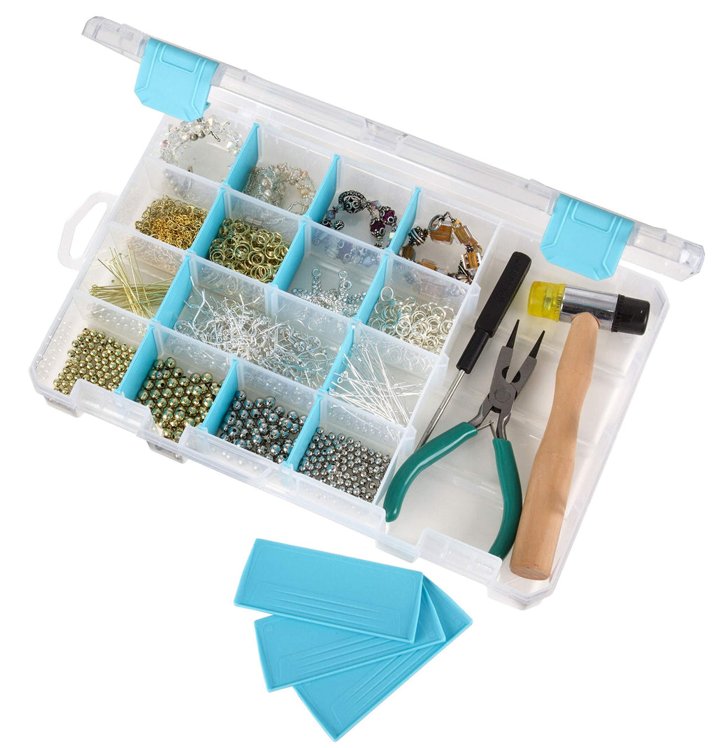 [Australia] - ArtBin 5 Compartment 6944AG Medium Box with Removable Dividers, Jewelry & Craft Organizer, [1] Plastic Storage Case with Anti-Tarnish Technology, Clear with Aqua Accents, (10.75" x 7.375") 