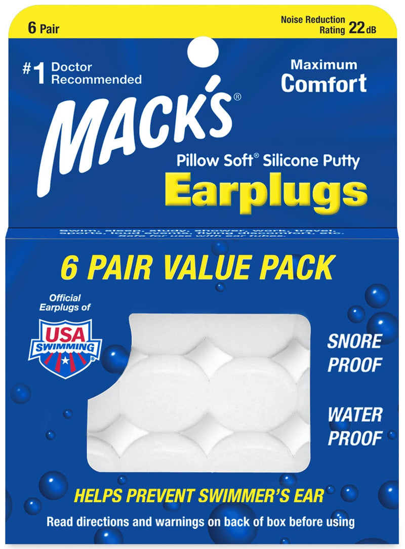 [Australia] - Mack's Pillow Soft Silicone Earplugs - 6 Pair, Value Pack – The Original Moldable Silicone Putty Ear Plugs for Sleeping, Snoring, Swimming, Travel, Concerts and Studying 