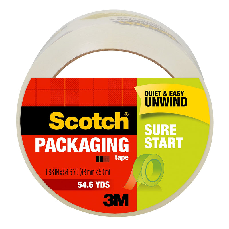 [Australia] - Scotch Sure Start Shipping Packaging Tape, 1.88" x 54.6 yd, Designed for Packing, Shipping and Mailing, Quiet Unwind, No Splitting or Tearing, 3" Core, Clear, 1 Roll (345) 1.88" x 54.6 yards 