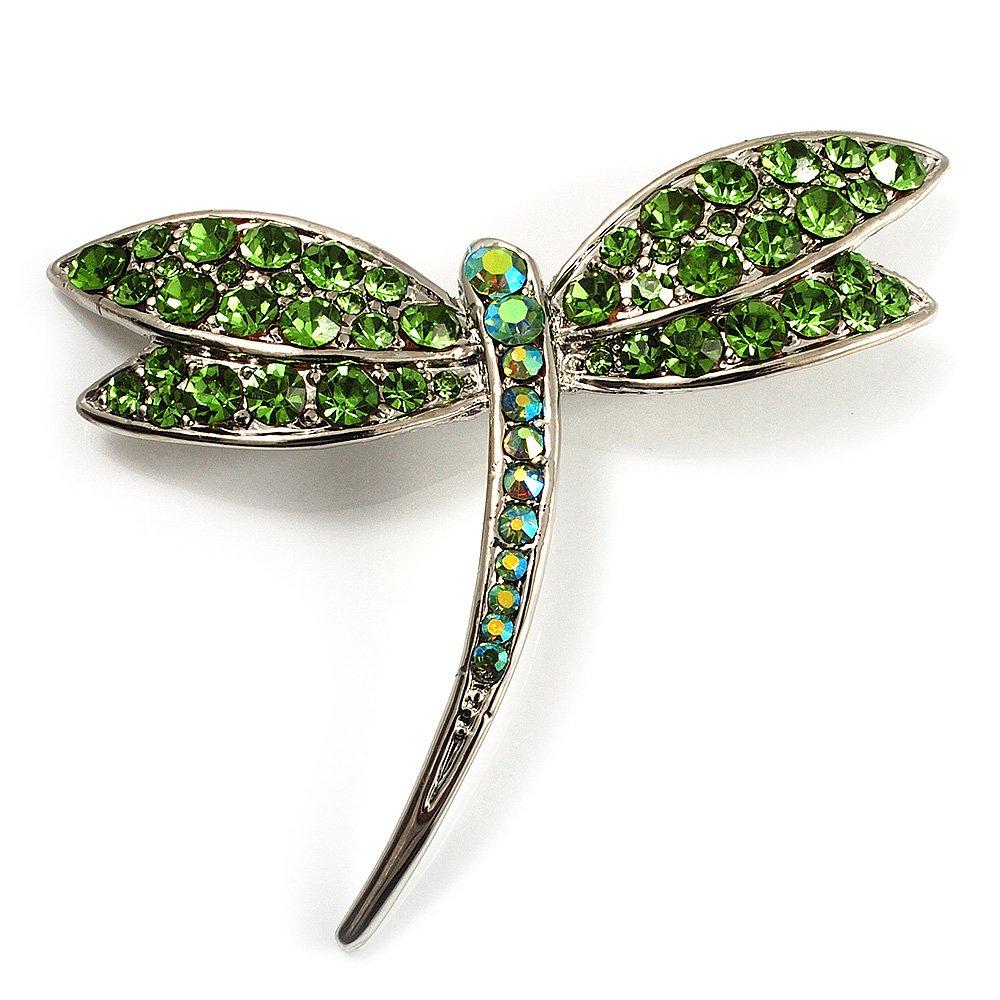 [Australia] - Avalaya Classic Grass Green Swarovski Crystal Dragonfly Brooch (Silver Tone) 