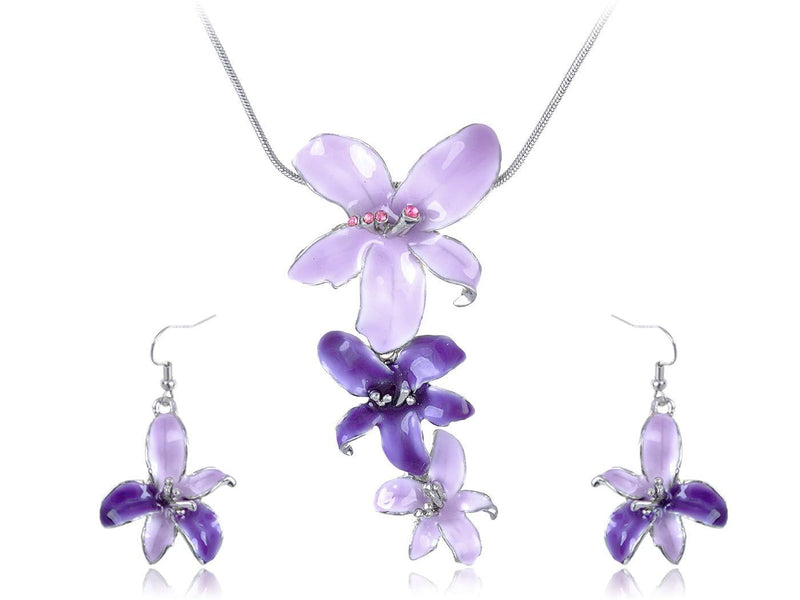 [Australia] - Alilang Silvery Tone Pink Rhinestones Purple Hawaiian Flower Necklace Earrings Set 