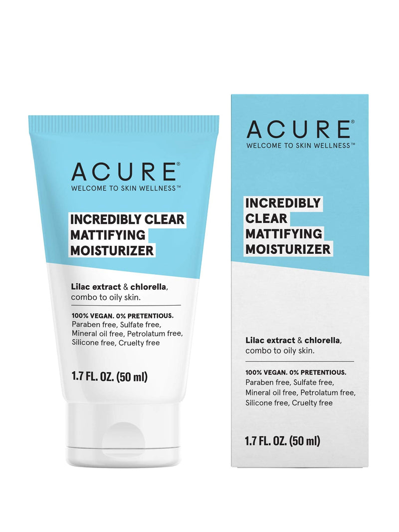 [Australia] - Acure Incredibly Clear Mattifying Moisturizer 100% Vegan For Oily To Normal & Acne Prone Skin, Lilac Extract + Chlorella 1.75 Fl Oz 