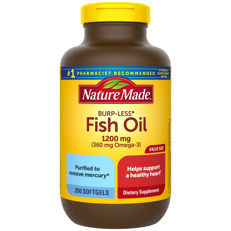 [Australia] - Nature Made Burp-Less Fish Oil 1200 mg, 200 Softgels, Fish Oil Omega 3 Supplement For Heart Health 200 Count (Pack of 1) 