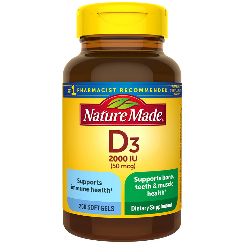 [Australia] - Nature Made Vitamin D3, 250 Softgels, Vitamin D 2000 IU (50 mcg) Helps Support Immune Health, Strong Bones and Teeth, & Muscle Function, 250% of the Daily Value for Vitamin D in One Daily Softgel 250 Count (Pack of 1) 