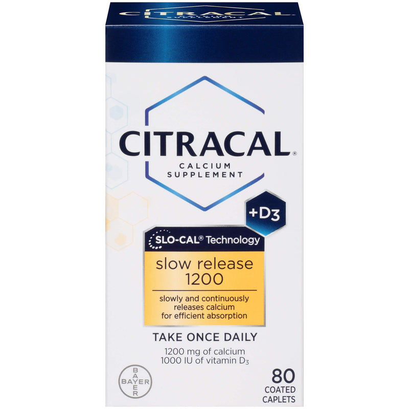 [Australia] - Citracal Slow Release 1200, 1200 mg Calcium Citrate and Calcium Carbonate Blend with 1000 IU Vitamin D3, Bone Health Supplement for Adults, Once Daily Caplets, 80 Count 