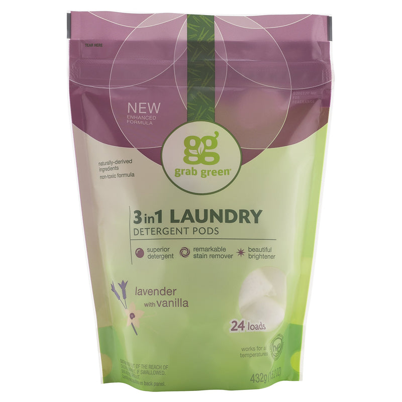 [Australia] - Grab Green 3-in-1 Laundry Detergent Pods, 24 Count, Lavender Vanilla Scent, Plant and Mineral Based, Superior Cleaning Power, Stain Remover, Brightens Clothes 24 Count (Pack of 1) 