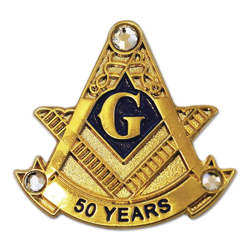 [Australia] - 50 Years Square & Compass with Rhinestone Masonic Lapel Pin - [Gold & Black][1'' Tall] 