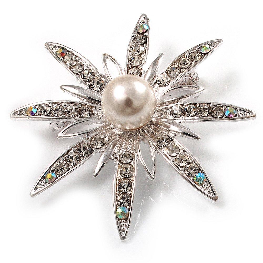 [Australia] - Avalaya Bridal Crystal Simulated Pearl Star Brooch (Silver Tone) 