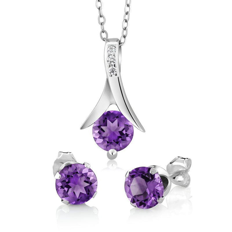 [Australia] - Gem Stone King Amethyst 925 Sterling Silver Round Cut Earrings Pendant Set 2.25 Carat with 18inches Silver Chain 