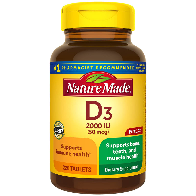 [Australia] - Nature Made Vitamin D3, 220 Tablets, Vitamin D 2000 IU (50 mcg) Helps Support Immune Health, Strong Bones and Teeth, & Muscle Function, 250% of Daily Value for Vitamin D in One Daily Tablet 220 Count (Pack of 1) 