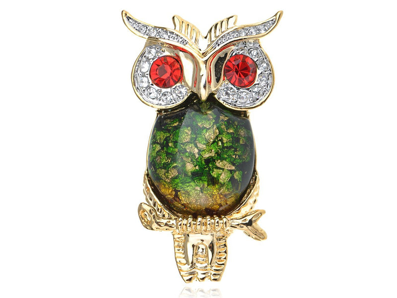 [Australia] - Alilang Ruby Red Crystal Rhinestone Eye Green Golden Tone Foil Bead Owl Bird Pin Brooch 
