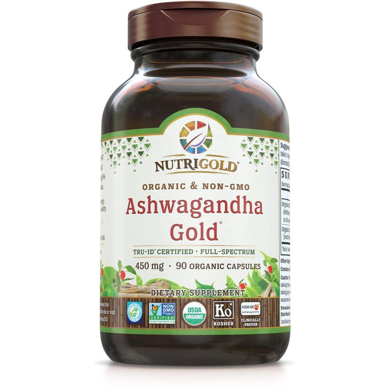 [Australia] - NutriGold Organic Ashwagandha Gold, 500 mg, 90 Plantcaps - Clinically-Proven, Non-GMO, Full-Spectrum Root Standardized Extract Powder Supplement 