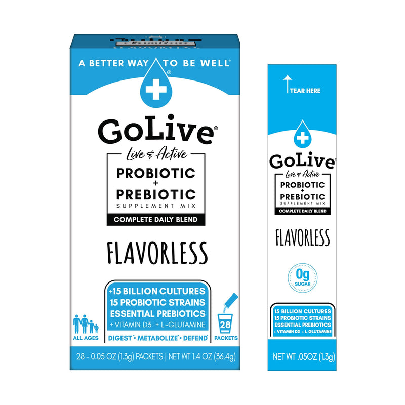 [Australia] - GoLive FLAVORLESS/SUGARLESS Synbiotic (Probiotics + Prebiotics) for Adults & Kids; +15 Billion CFUs; 15 Clinical Strains. Formulated and Recommended by MDs and RDs for Digestion, Metabolism, Immunity. Daily Essentials Unflavored 28 Count (Pack of 1) 