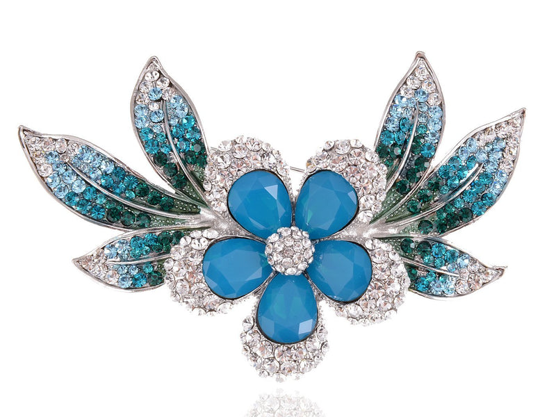 [Australia] - Alilang Womens Silver Blue Green Swarovski Crystal Rhinestones Tropical Hawaiian Flower Brooch Pin 