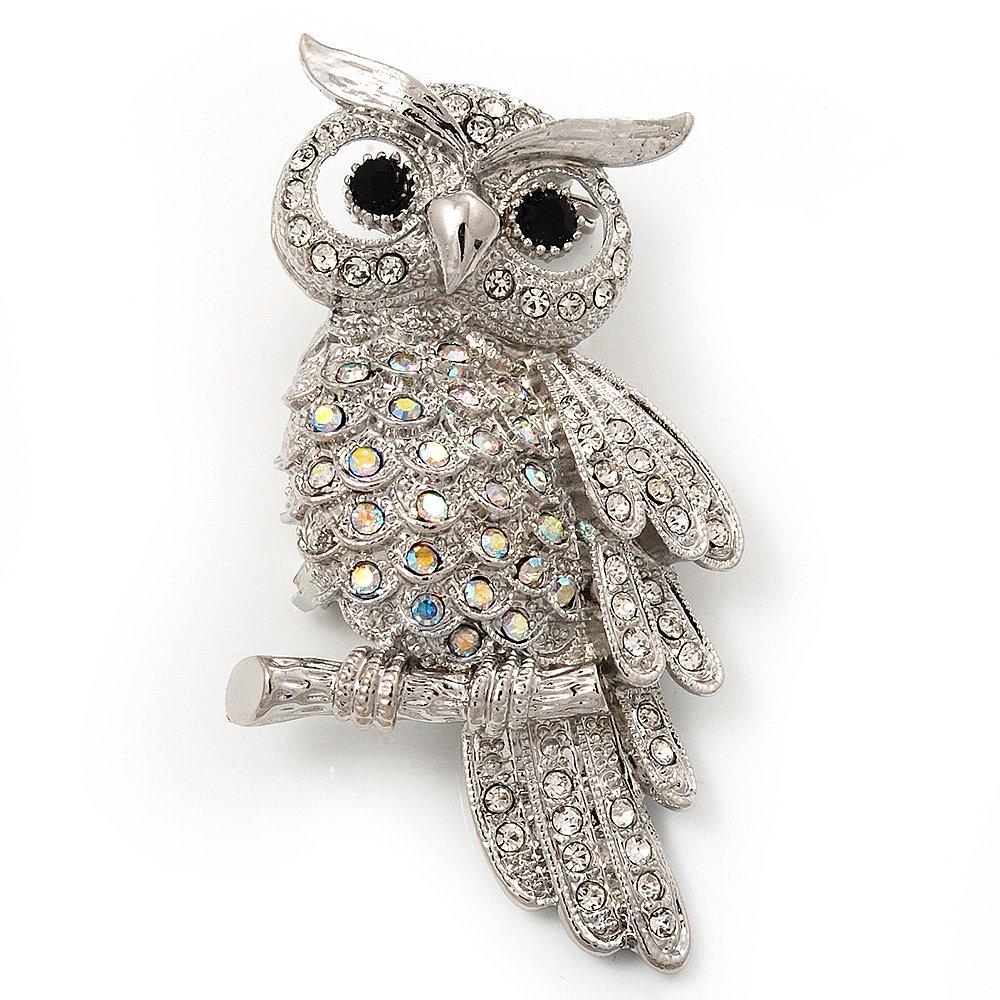 [Australia] - Avalaya Sparkling AB Crystal Owl Brooch (Silver Tone Metal) - 50mm L 